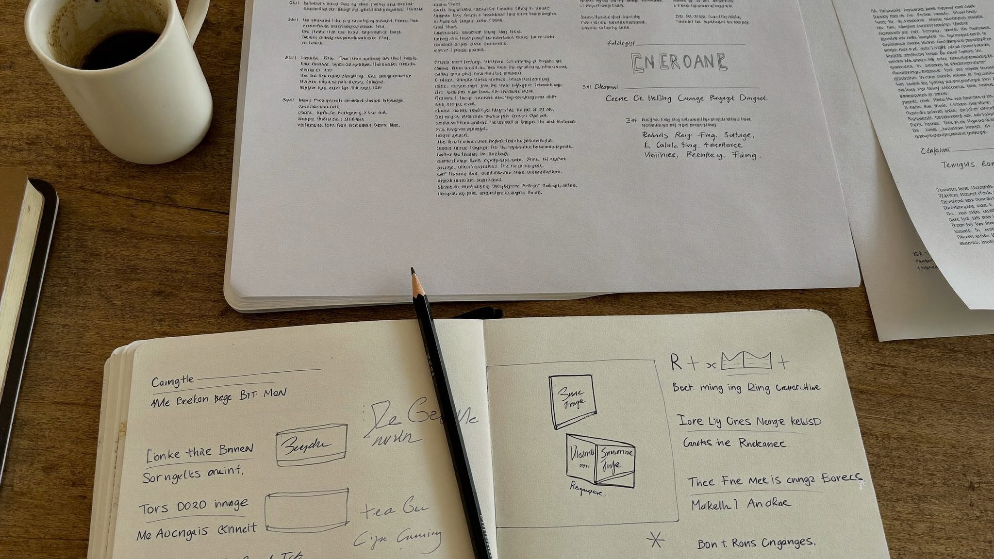 Caderno com esboços de planeamento numa mesa de trabalho